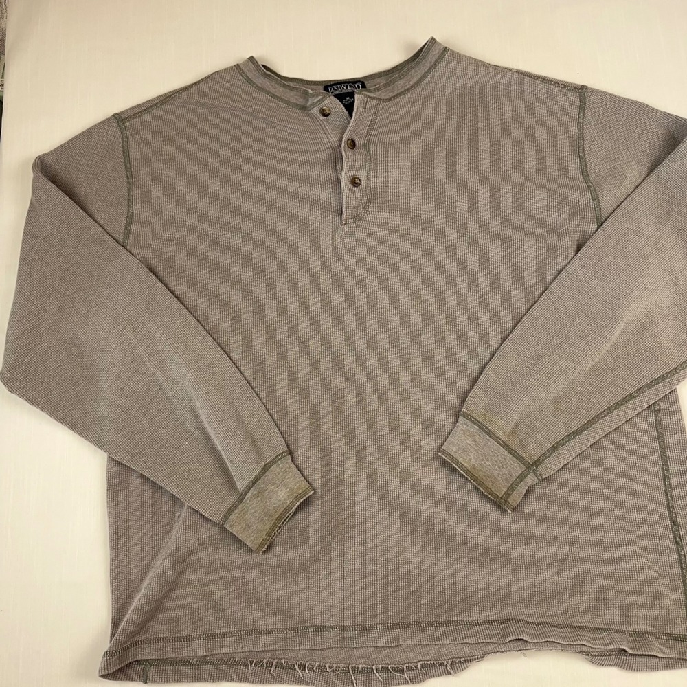 Lands End Mens XL Waffle Knit Henley Shirt Gray Long Sleeve Thermal Distressed